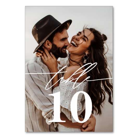 Modernes Script 2-Foto Hochzeit Tischnummer (Rückseite)