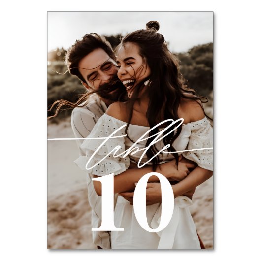 Modernes Script 2-Foto Hochzeit Tischnummer (Vorderseite)