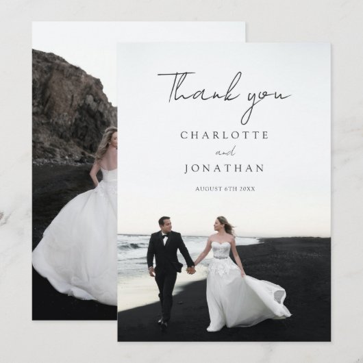 Modernes Script 2 Fotos Hochzeit Dankeschön Karte (Vorne/Hinten)