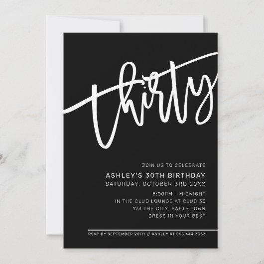 MODERNES SCRIPT 30. Party Schwarz-weiß Einladung (Vorderseite)