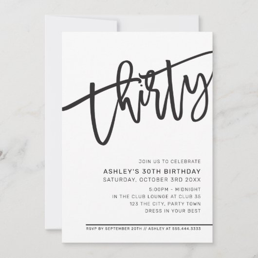 MODERNES SCRIPT 30. Party Schwarz-weiß Einladung (Vorderseite)