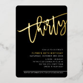 MODERNES SCRIPT 30. Party Schwarz-weißes Gold Folieneinladung (Vorderseite)