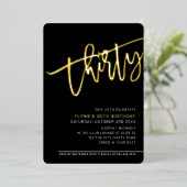 MODERNES SCRIPT 30. Party Schwarz-weißes Gold Folieneinladung (Stehend vorne)