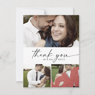 Modernes Script 3 Foto Collage Wedding Dankeskarte