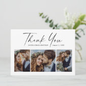 Modernes Script 3 Foto Hochzeit Dankeskarte (Stehend Vorderseite)