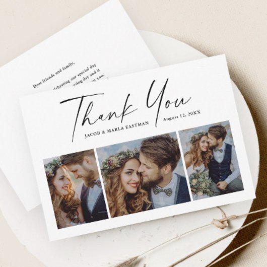 Modernes Script 3 Foto Hochzeit Dankeskarte