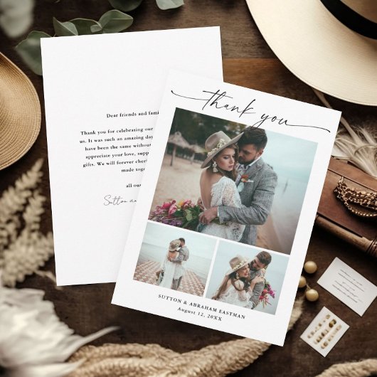 Modernes Script 3 Foto Hochzeit Dankeskarte