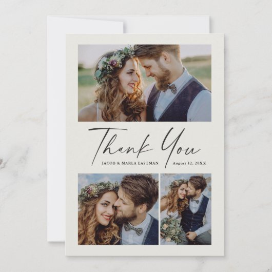 Modernes Script 3 Foto Hochzeit Dankeskarte (Vorderseite)