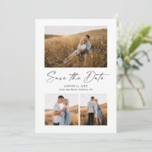 Modernes Script 3 Foto Hochzeit Save The Date (Stehend Vorderseite)