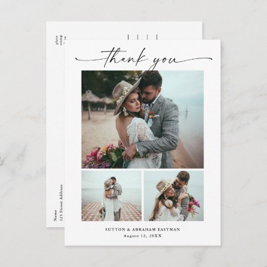 Modernes Script 3 Foto Hochzeit Vielen Dank Postkarte (Vorne/Hinten)