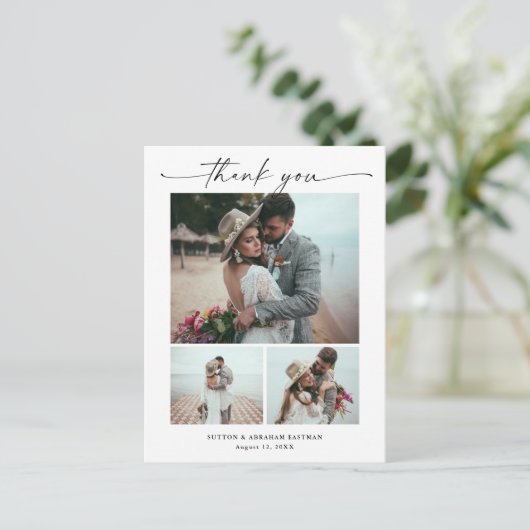 Modernes Script 3 Foto Hochzeit Vielen Dank Postkarte (Stehend Vorderseite)