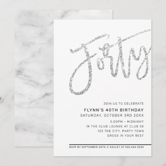 MODERNES SCRIPT 40. Geburtstag Party Silber Glitze Einladung (Vorne/Hinten)