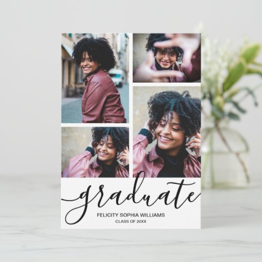 Modernes Script 4 Foto Abschluss Ankündigung (Stehend Vorderseite)