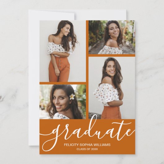 Modernes Script 4 Foto Burnt Orange Abschluss Ankündigung (Vorderseite)