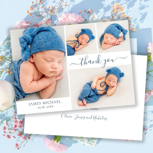 Modernes Script 4 Foto Collage Baby Boy Vielen Dan Dankeskarte