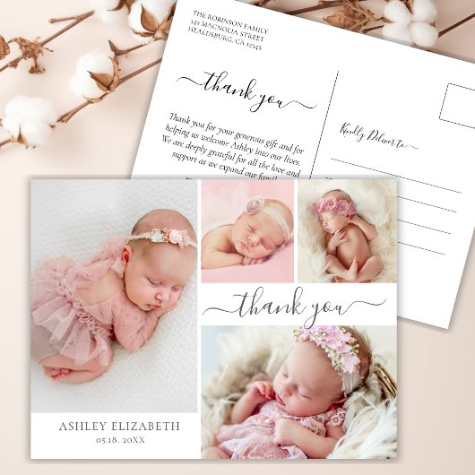 Modernes Script 4 Foto Collage Baby Vielen Dank Postkarte