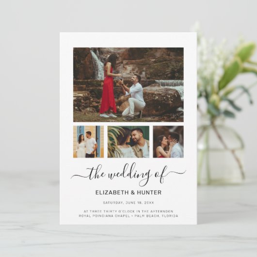 Modernes Script 4 Foto Collage QR Code UAWG Weddin Einladung (Stehend Vorderseite)