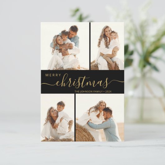 Modernes Script 4 Foto Collage Weihnachtskarte Einladung (Stehend Vorderseite)