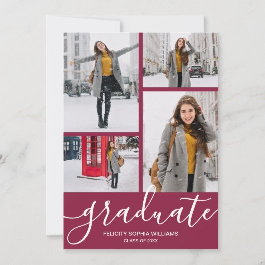 Modernes Script 4 Foto Maroon Abschluss Ankündigung (Vorderseite)