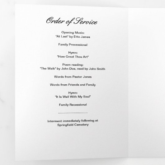 Modernes Script 8-Foto-Trifold-Beerdigungsprogramm Dreifach-gefaltete Programmkarte (Innen Erste Seite)