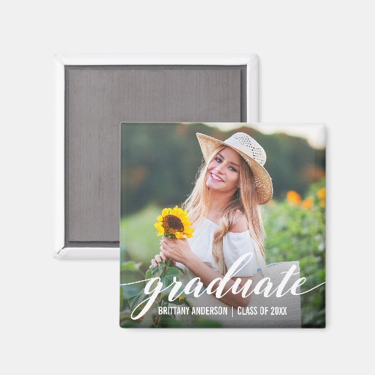 Modernes Script Abschluss Ankündigung Foto Sq Magnet (Vorderseite/Rückseite)