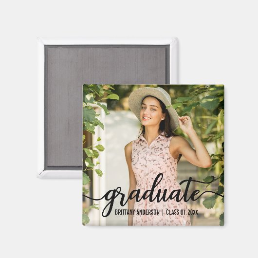 Modernes Script Abschluss Ankündigung Foto Square Magnet (Vorderseite/Rückseite)