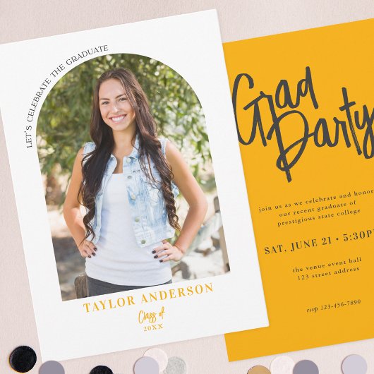 Modernes Script Arch Foto Gelb Grau Grad Party Einladung