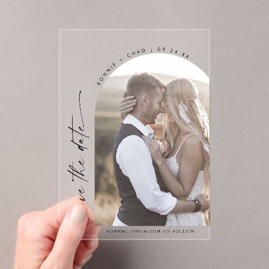 Modernes Script Arch Foto Hochzeit speichern das D Acryleinladungen (Insitu (Handheld))