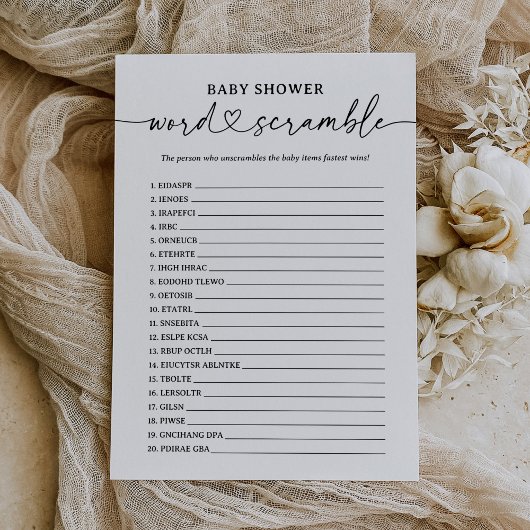 Modernes Script Baby Shooting Word Scramble Game Einladung