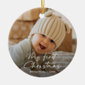 Modernes Script Baby's First Christmas Foto Keramik Ornament (Vorne)