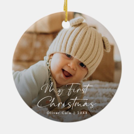 Modernes Script Baby's First Christmas Foto Keramik Ornament (Hinten)