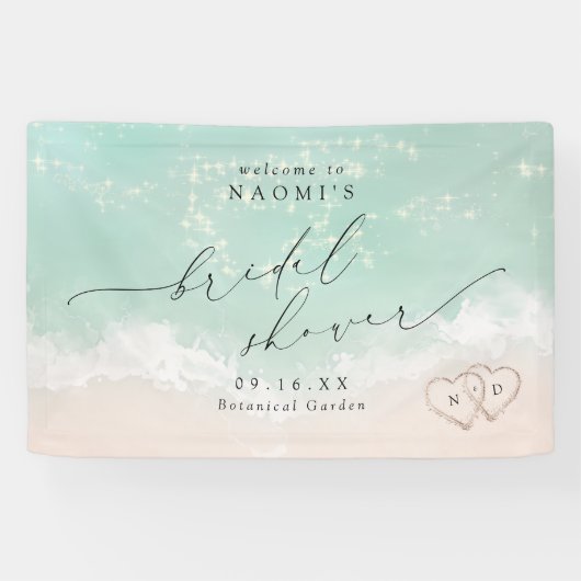 Modernes Script Beach Herz Brautparty Willkommen Banner (Horizontal)