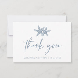 Modernes Script Beach Starfish Dusty Blue Wedding Dankeskarte