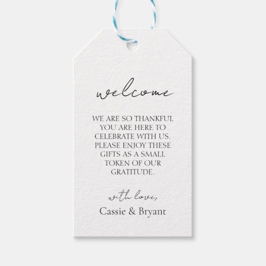 Modernes Script Black and White Wedding Willkommen Geschenkanhänger (Vorderseite)