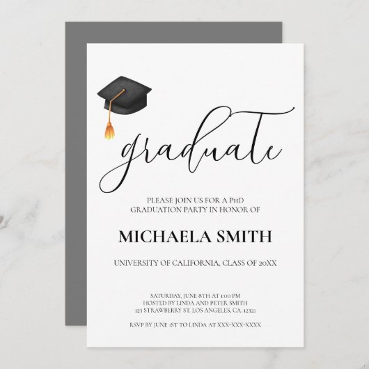 Modernes Script Black Cap Uni-Abschluß Party Einladung (Vorne/Hinten)