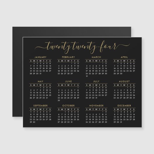 Modernes Script Black Gold 2024 Calendar Magnet (Vorne/Hinten)