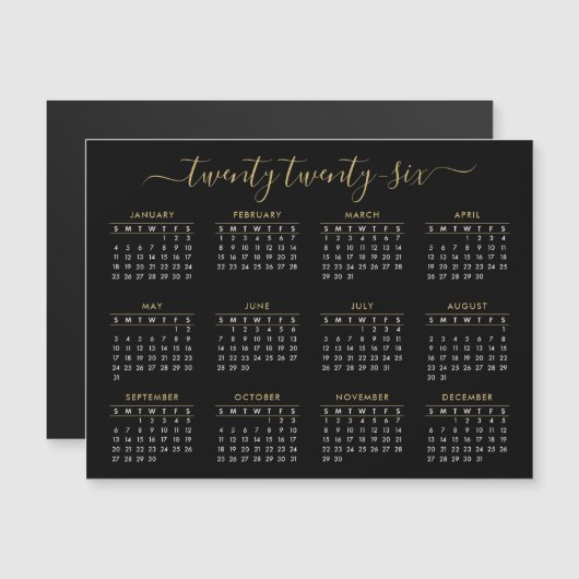 Modernes Script Black Gold 2026 Calendar Magnet (Vorne/Hinten)