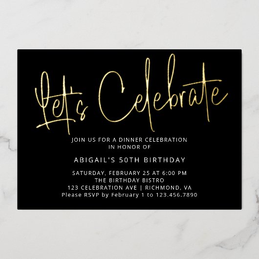 Modernes Script Black Gold Birthday Celebrate Part Folieneinladung (Vorderseite)