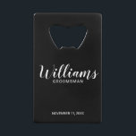 Modernes Script Black Personalisierte Trauzeugen Geldbeutel Flaschenöffner<br><div class="desc">Moderne Script Personalisiert Trauzeugen Bottle Opener mit dem Namen des personalisierten Trauzeugen in der modernen,  weißen Script Schriftart Stil mit Titel und Hochzeitdatum in modernen Sans Serif Schriftart Stil auf schwarzem Hintergrund. Auch perfekt für Trauzeugin,  Blütenmädchen,  Brautmutter,  Trauzeugen,  Trauzeuge und mehr.</div>