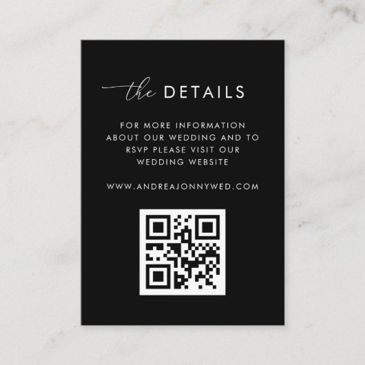 Modernes Script Black Qr Code Foto Hochzeitsdetail Begleitkarte (Vorderseite)