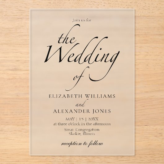 Modernes Script Black & White Wedding Acryleinladungen (Vorderseite)