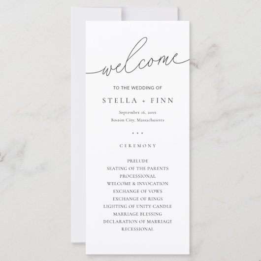 Modernes Script Black & White Wedding Programm (Vorderseite)