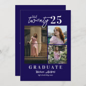 Modernes Script Blue 3 Foto Collage Abschluss Ankündigung (Vorne/Hinten)