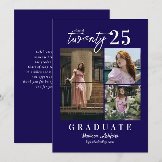 Modernes Script Blue 3 Foto Collage Abschluss Ankündigung (Vorne/Hinten)