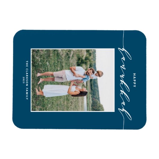 Modernes Script Blue Happy Hanukkah Foto Magnet (Horizontal)