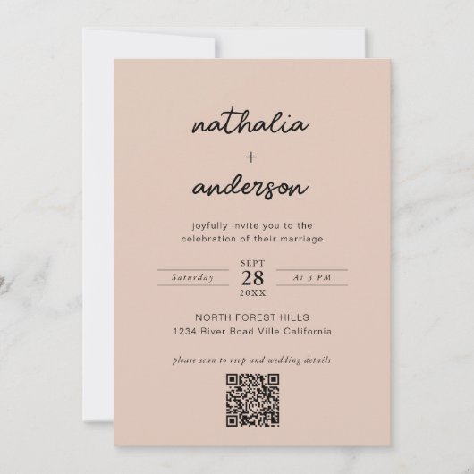 Modernes Script Boho Beige Foto QR Code Hochzeit Einladung (Vorderseite)