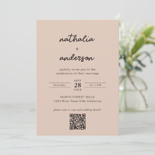 Modernes Script Boho Beige Foto QR Code Hochzeit Einladung (Stehend Vorderseite)