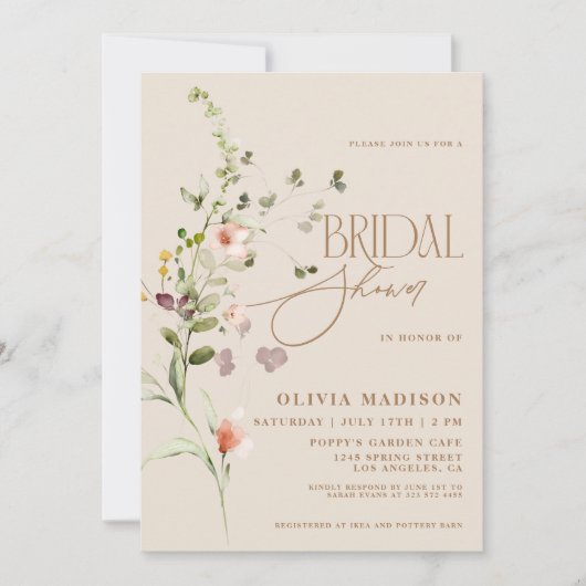 Modernes Script Boho Flower Garden Brautparty Einladung (Vorderseite)