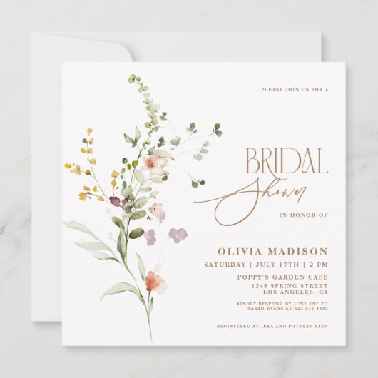 Modernes Script Boho Flower Garden Brautparty Einladung (Vorderseite)