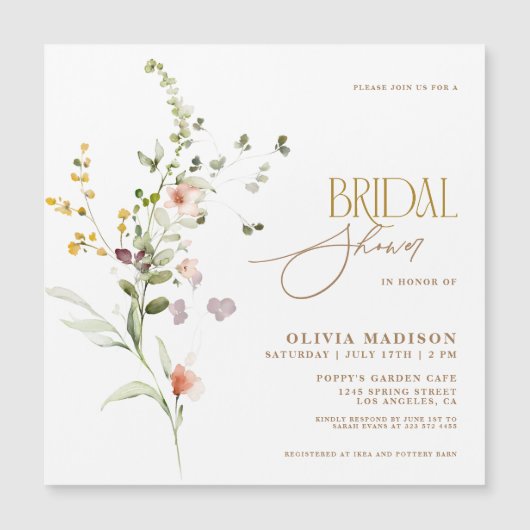 Modernes Script Boho Flower Garden Brautparty Magneteinladung (Vorderseite)